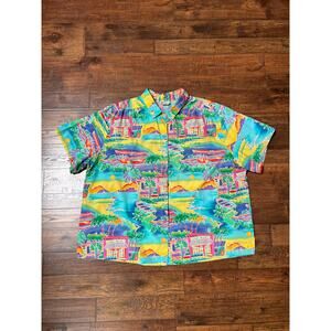 Vintage Hawaiian Shirt Colorful Sea View Cafe Novelty Print All Hours 2X-Large